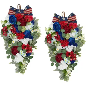 2 Pcs Red White and Blue Floral Swag with Roses, Hydrangea & Daisies Patriotic Hanging Door Decor for 4th of July Memorial Day Front Door
