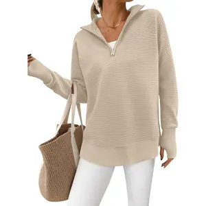 Womens Long Sleeve Quarter Zip Pullover Sweater Casual Loose V Neck Collared Ribbed Knit Jumper Tops Thumb Hole