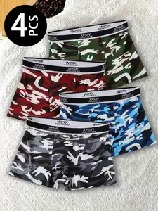 Men's Camouflage Print Boxer Briefs Trunks, Comfortable Breathable Casual Athletic Underwear (4 Pack), Geometric Design, Fitted Style, All Seasons