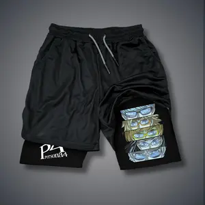Persona 5 Game 80s 90s Double-Layer Sports Shorts Graphic Shorts Black Camo Streetwear Shorts Men Outfits Men Vacation Outfits Shorts