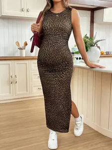 LAFERLIN Sleeveless V-Neck Split Hem Leopard Print Bodycon Maternity Dress