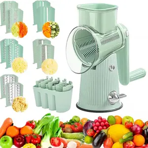 Rotary Cheese Grater, 5 in 1 Cheese Grater with Handle, Food Shredder with 5 Interchangeable Stainless Steel Blades, Round Mandoline Slicer Vegetable Slicer Walnuts Grinder with Anti-Slip Base, Easy to Clean Rotary Grater with Storage BoX
