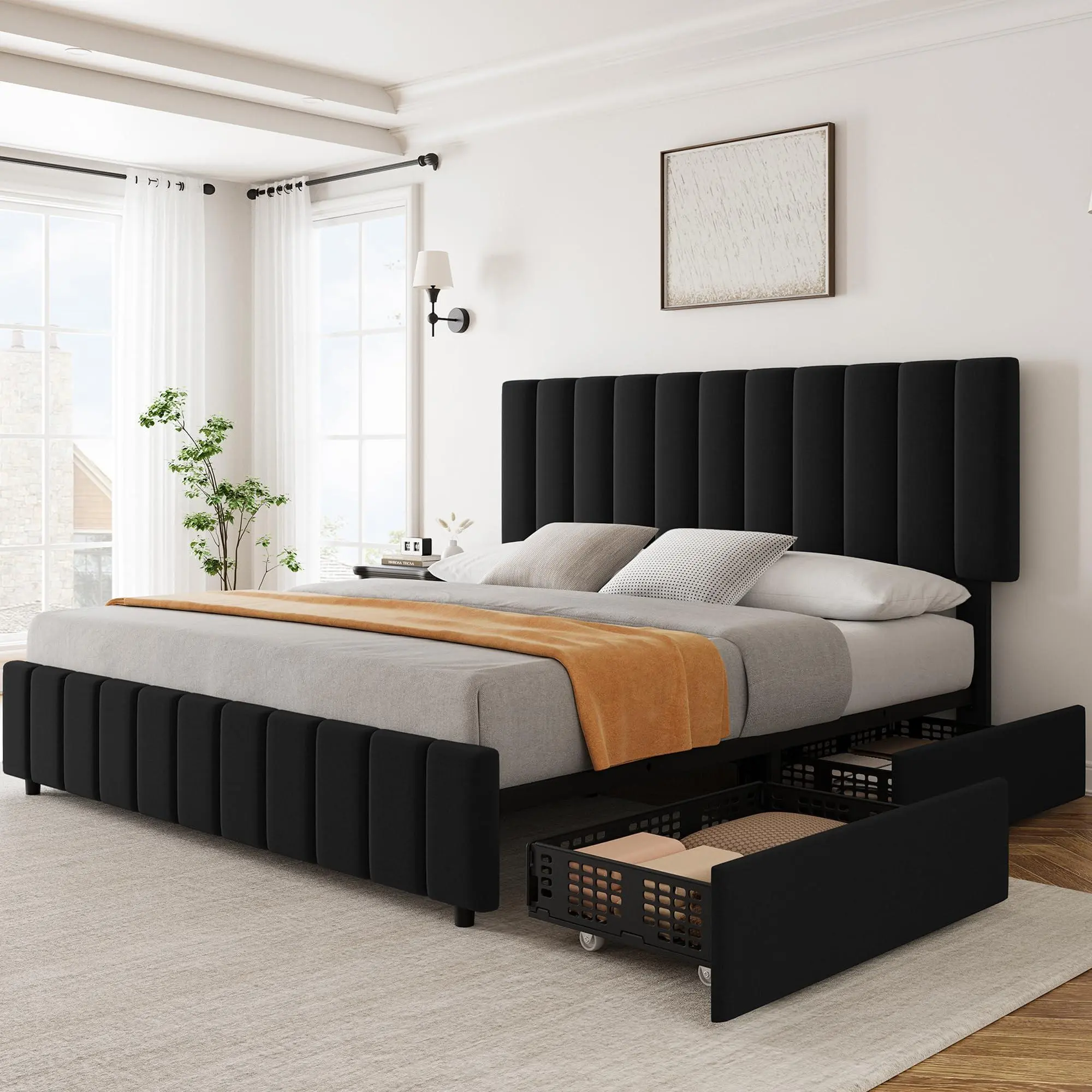 Gaomon Full-Size Floating Platform Bed Frame, Linen-Upholstered with 4 Storage Drawers, Adjustable Height Headboard, No Box Spring Needed, Easy Assembly, Black