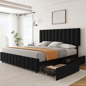 Gaomon Full-Size Floating Platform Bed Frame, Linen-Upholstered with 4 Storage Drawers, Adjustable Height Headboard, No Box Spring Needed, Easy Assembly, Black