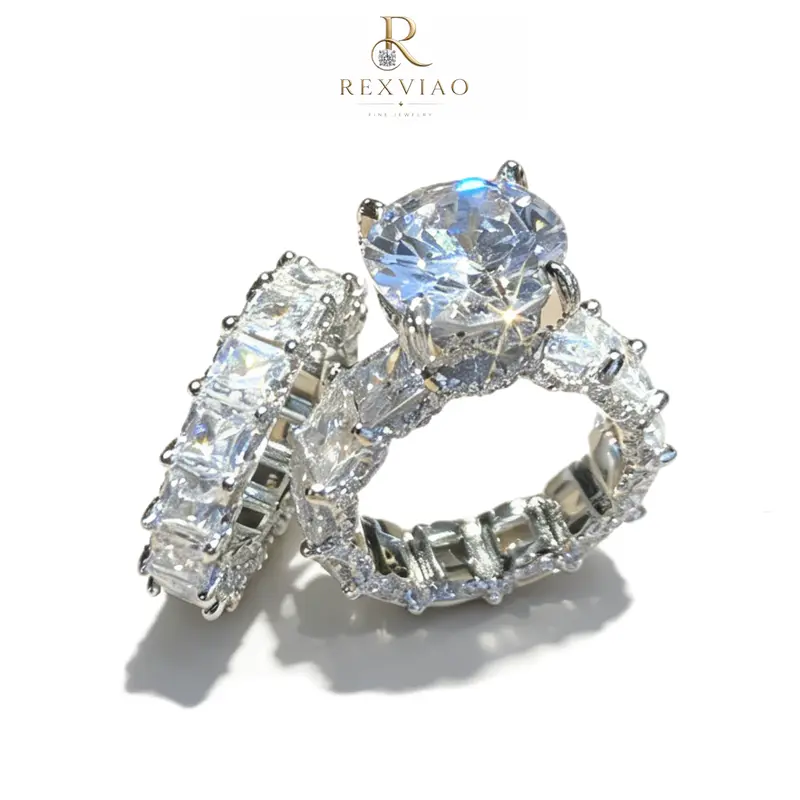 Rexviao Women's 2-PC Stackable Cubic Zirconia Dainty Finger Rings - Artificial Gemstone Wedding Engagement Jewelry, Accessories for Adult Females, Romantic Promise Gifts for Girlfriend, Stackable Finger Rings