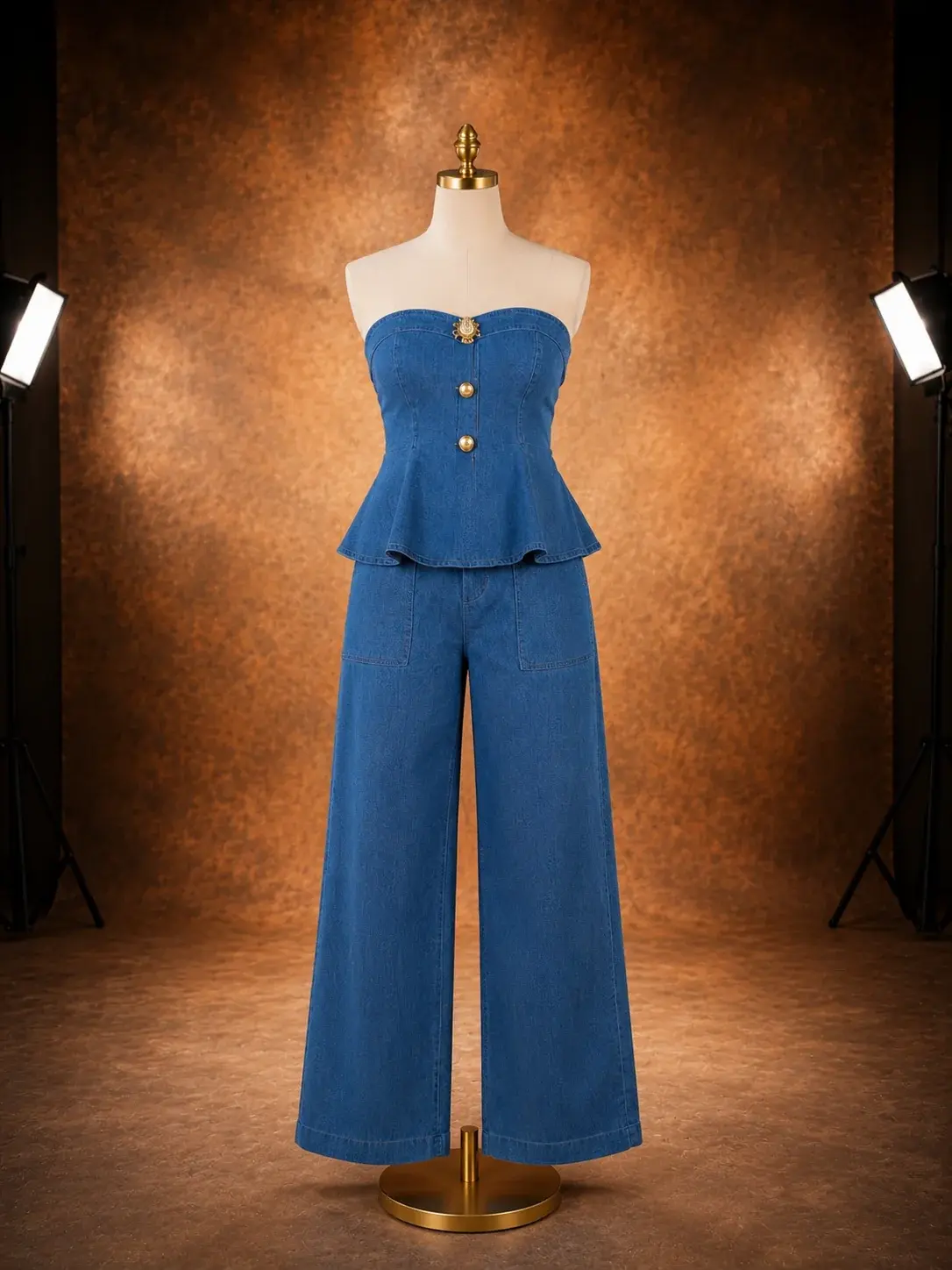 Brooklyn Strapless Denim Top & Wide Leg Pants Set