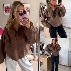 2026Naeduo Women’s Lightweight FallFreshness Fleece Pullover  Cropped Fall Winter Fuzzy Sherpa  Sweatshirt Coat with Pockets jacket Soft Tops Beige Casual