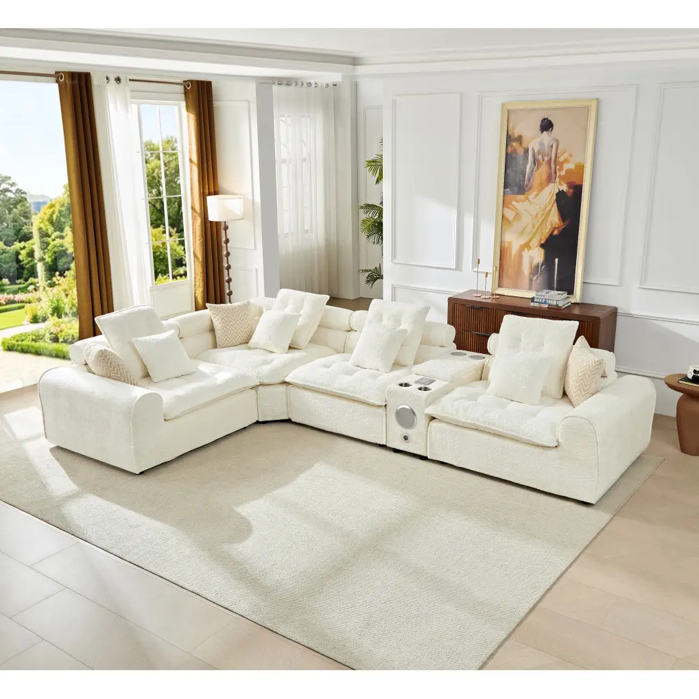137.7" Oversized Cloud Couch Sectional Sofa, White Boucle Deep Seat Modular L Shaped Sofa with Plush Cushions and Throw Pillows, Large 4 Seat Corner Couch, Comfortable Living Room Furniture for Family Room Apartment and Modern Home