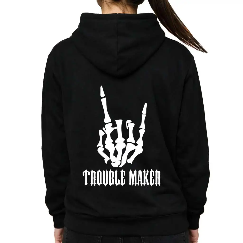 Trouble Maker Bone Hand Graphic Hoodie Vintage Y2K Gothic Streetwear Skeleton Hand Print Pullover Casual Unisex Long Sleeve Cozy Everyday Wear Mother's Day Gift for Women Men