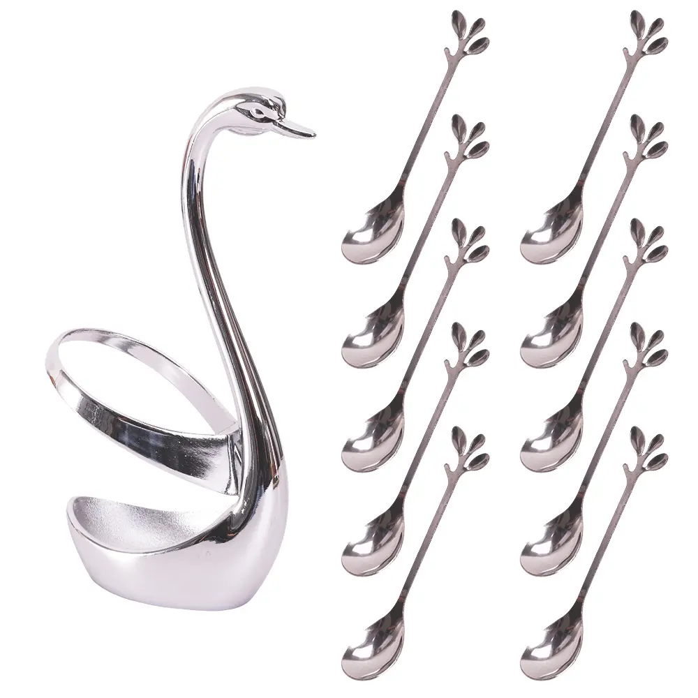 10 pcs Mini Leaf Coffee Spoon with Silver Swan Base Stainless Steel Leaf Handle Spoons Espresso spoons , Tea Spoons, Dessert Spoons, Demitasse Spoons