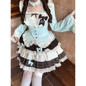Sweet Japanese Lovely JK 3 Piece Set Women Cute Bow Blouses + Fluffy Cake Skirt New Stitching Harajuku Lolita Outfit 2025 Winter