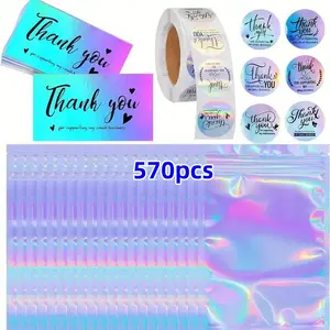 Thank You Card & Sticker & Bag Set, 570pcs/set Including 50pcs Thank You Card, 500pcs/roll Sticker & 20pcs Ziplock Bag, Gift Supplies