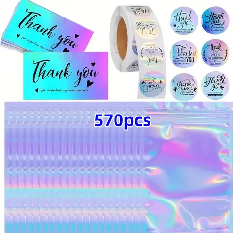 Thank You Card & Sticker & Bag Set, 570pcs/set Including 50pcs Thank You Card, 500pcs/roll Sticker & 20pcs Ziplock Bag, Gift Supplies, Thanks Card, Custom Holographic Cards, Bulk Thank You Cards