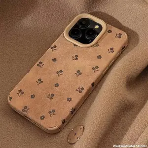 A Brown Floral Pattern Luxury Matte Lambskin Faux Leather Phone Case for IPhone 16 15 14 Pro Max 13 12 11 XR XS Plus Shockproof Full Camera Protection Durable Slim Silicone Cover