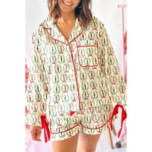 Beige Nutcracker Print Contrast Trim Bowknot 2pcs Pajama Set