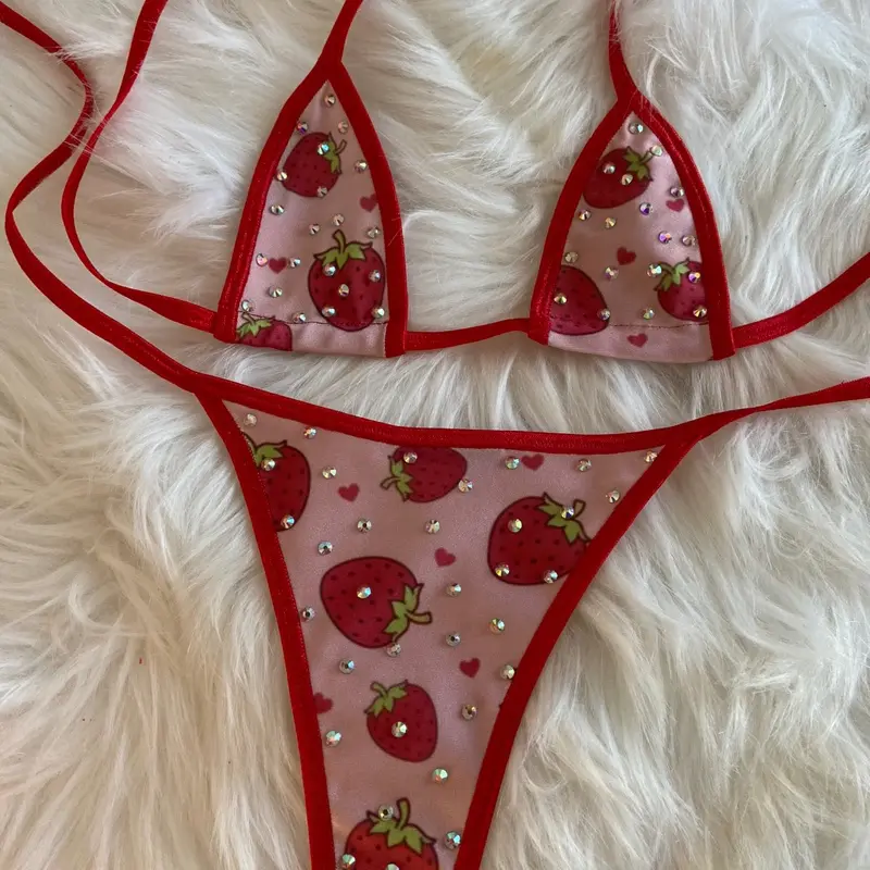 Strawberry Exotic Dancewear Outfit with Red Straps and Patterned Design
