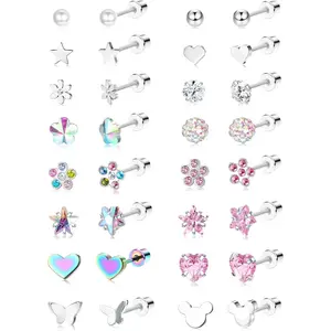 16 Pairs Hypoallergenic Screw Back Earrings for Women Girls 316L Stainless Steel CZ Ball Heart Flower Screwback Flat Back Stud Earrings Jewelry Gift Women Multicolored Pink