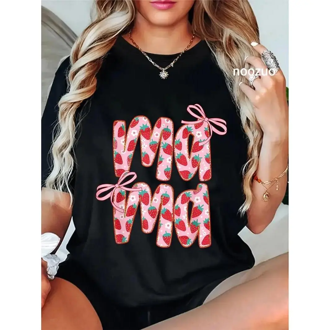 100% Cotton Unisex Mama Strawberry Coquette Bow Mommy Happy Mother's Day Mom T-Shirt Casual Top