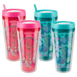 COOL GEAR 4-pack 24 oz Callisto Printed Chiller with Straw | Dual Function Closure Printed Re-Usable Tumbler Water Bottle