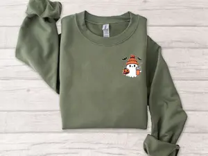 Cute Ghost with Iced Coffee Sweatshirt – Halloween Sweatshirt – Spooky Season Graphic Tee for Ghost Lovers