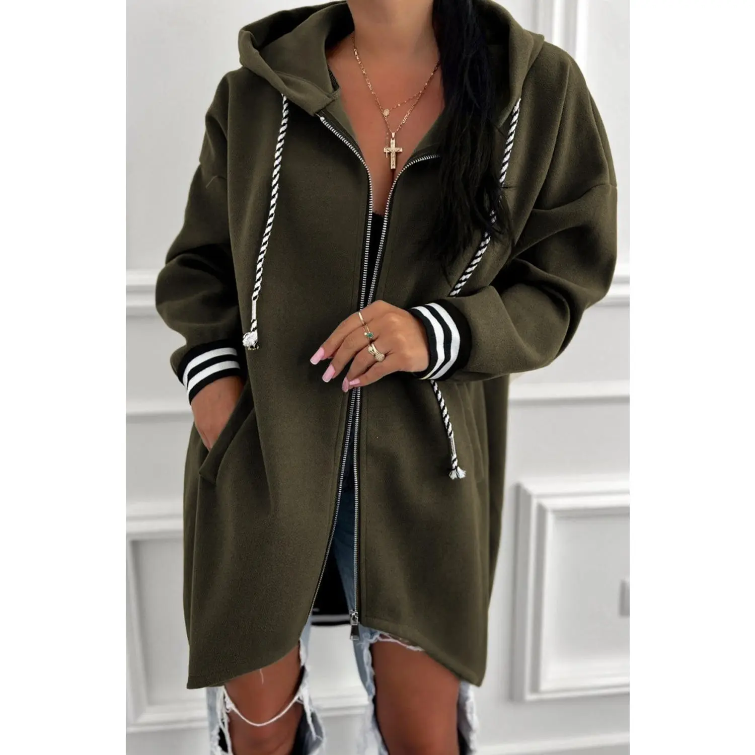 Contrast Cuffed Tunic Hoodie