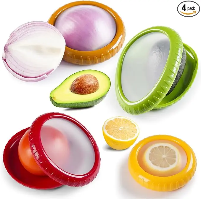 4-Piece Produce Set Reusable Silicone Containers, Airtight Locking Lid, Soft Silicone Top, Airtight Freshness, Reduces Fridge Clutter, Plastic-Free Kitchen Preserving Containers for Avocados, Avocado Stays Flat