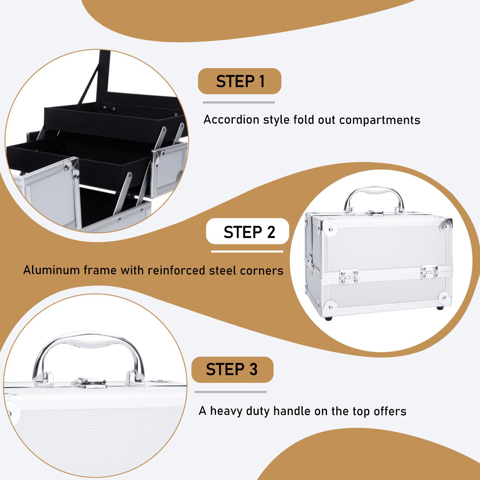 Silver Aluminum Makeup Train Case with Mirror, Portable Cosmetic Organizer Box with Accordion Compartments, Lockable Travel Makeup Storage for Makeup Artists & Beauty Lovers