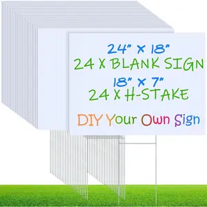 24 Set Blank Yard Sign and H Metal Stakes Large White Corrugated Plastic Signage 18 x 24 Inch Visibility Garden Lawn Signs for Yard Sales Graduation Political Lawn Party Decoration and Estate