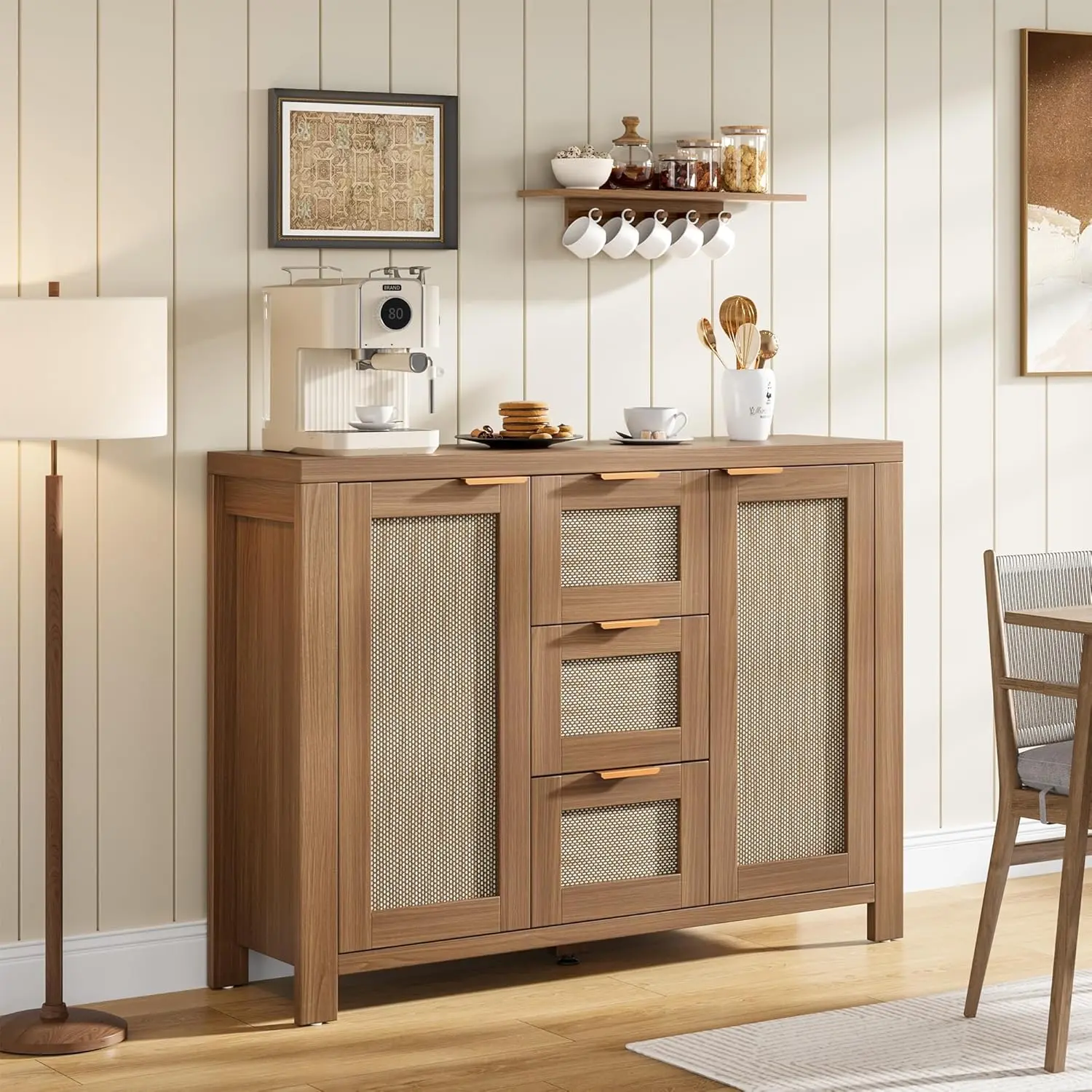 Rattan Buffet Sideboard Cabinet - 3 Drawers & 2 Doors, Boho Farmhouse Design, Adjustable Shelves, Large Storage Credenza for Dining Room, Living Room, or Entryway