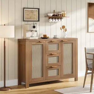 Rattan Buffet Sideboard Cabinet - 3 Drawers & 2 Doors, Boho Farmhouse Design, Adjustable Shelves, Large Storage Credenza for Dining Room, Living Room, or Entryway