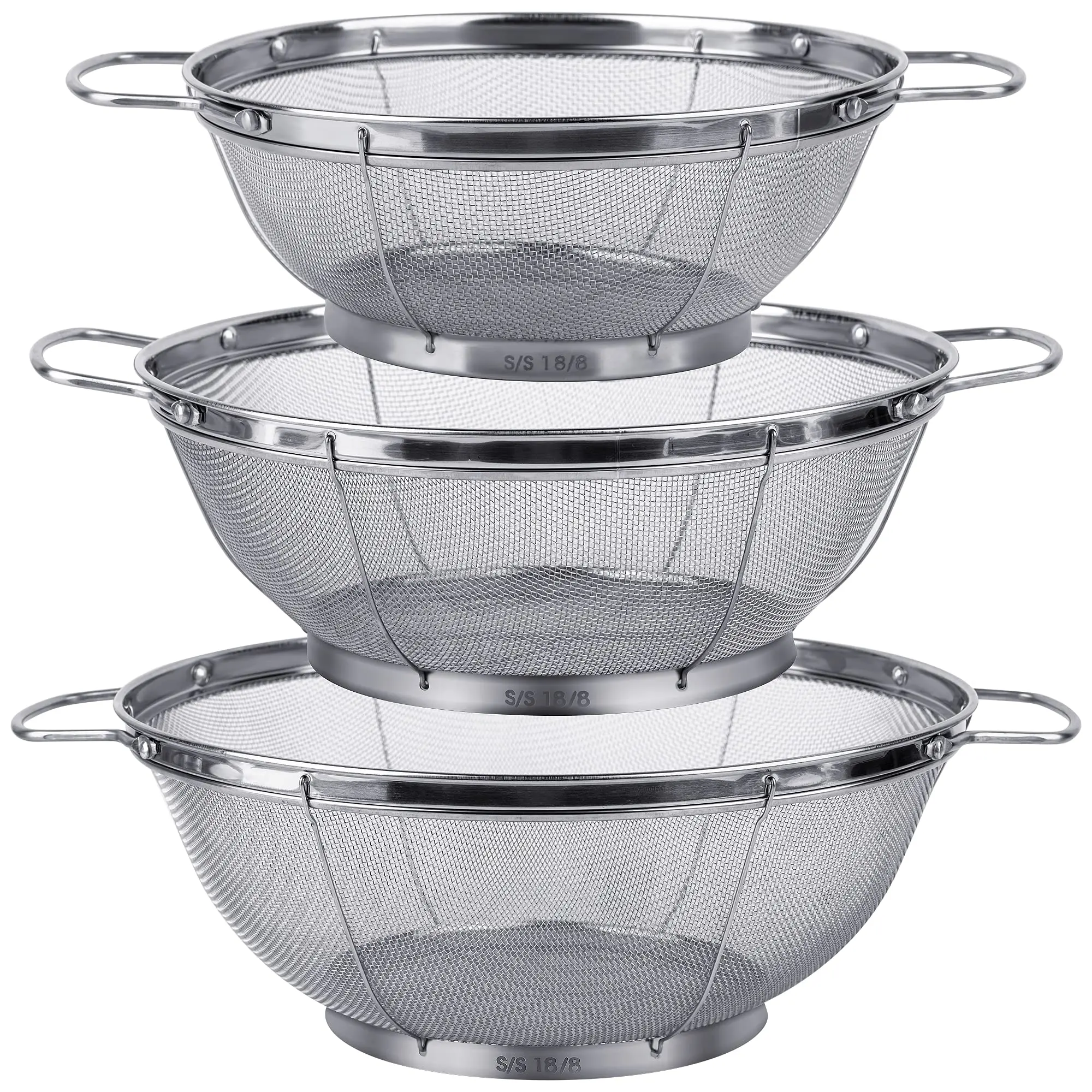 3 Pack 18/8 Stainless Steel Colander Sieves(5-quart  4-quart And 3-quart) Mesh Strainer Net Baskets With Handles & Resting Base For Strain Drain Rinse Or Steam