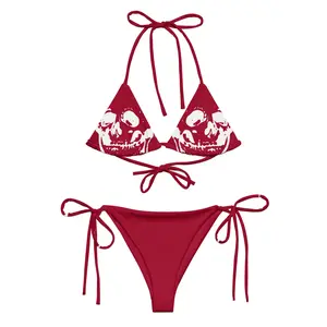 Skull String Bikini 'Memento Mori' Gothic Human Skull Design Womens Poolside Beachwear Maroon Burgundy Swimwear