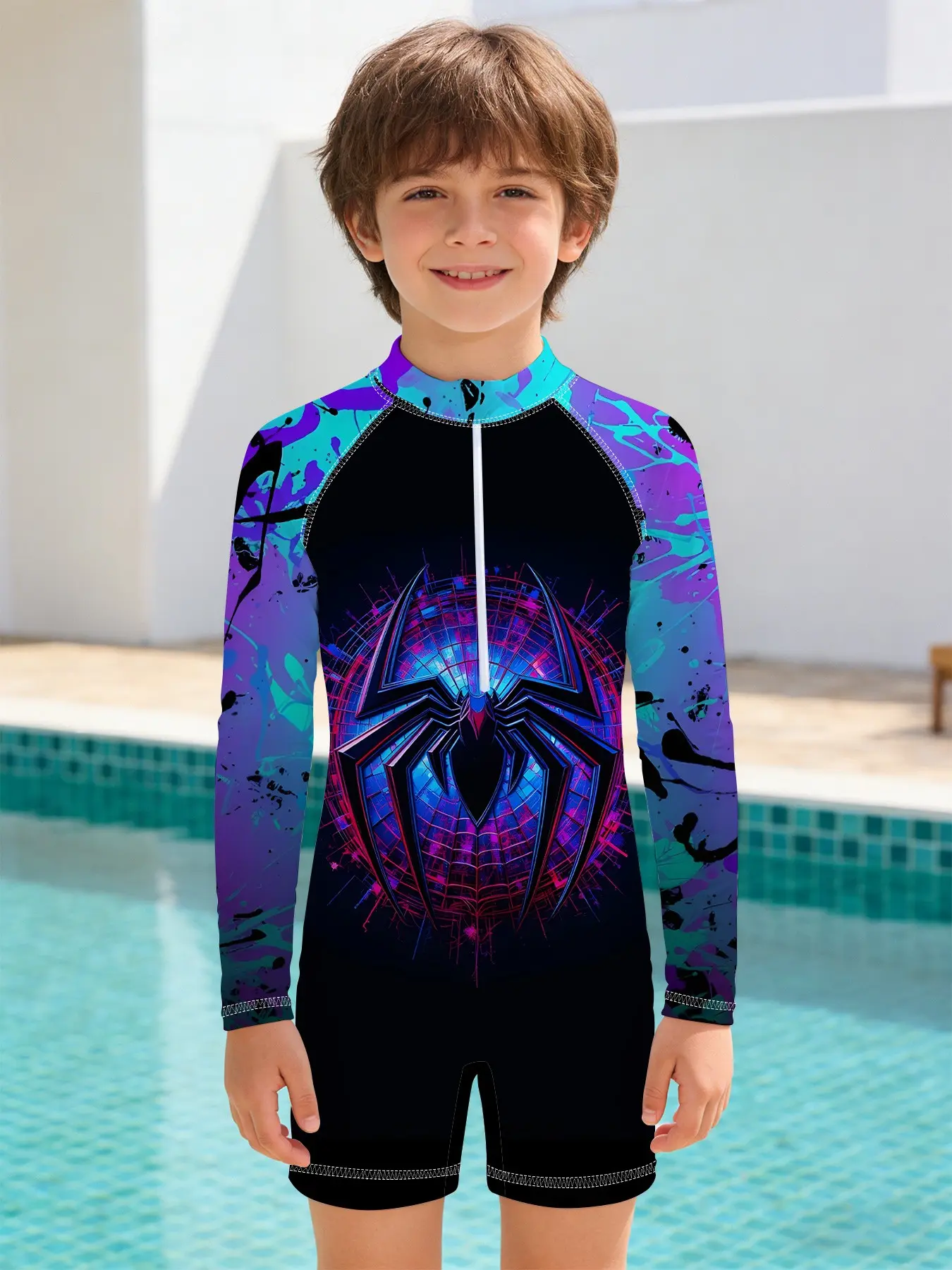 Boys' one-piece patterned swimsuit, Geometric print swimwear, Cyber Spider Cool Style with long sleeves and front zipper design, skin-friendly, quick-drying and non-stuffy, suitable for seaside vacations, pool fun