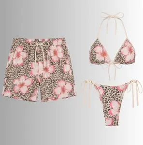 Leopard Hibiscus Flower Matching Couples Swimwear, String Bikini Set with Men’s Beach Shorts Tropical Summer Vacation Outfit