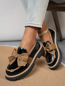 Women's Thick Sole Wedge Shoes, College Style Slip-On PU Leather Loafers, Bow Design, Round Toe Casual Shoes, Perfect for Daily Wear