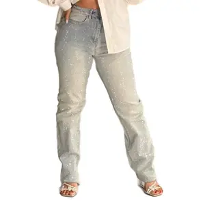 Natali Straight Leg Full Rhinestone Jeans - Sparkling Design Pants - MEDIUM & LIGHT WASH - no stretch
