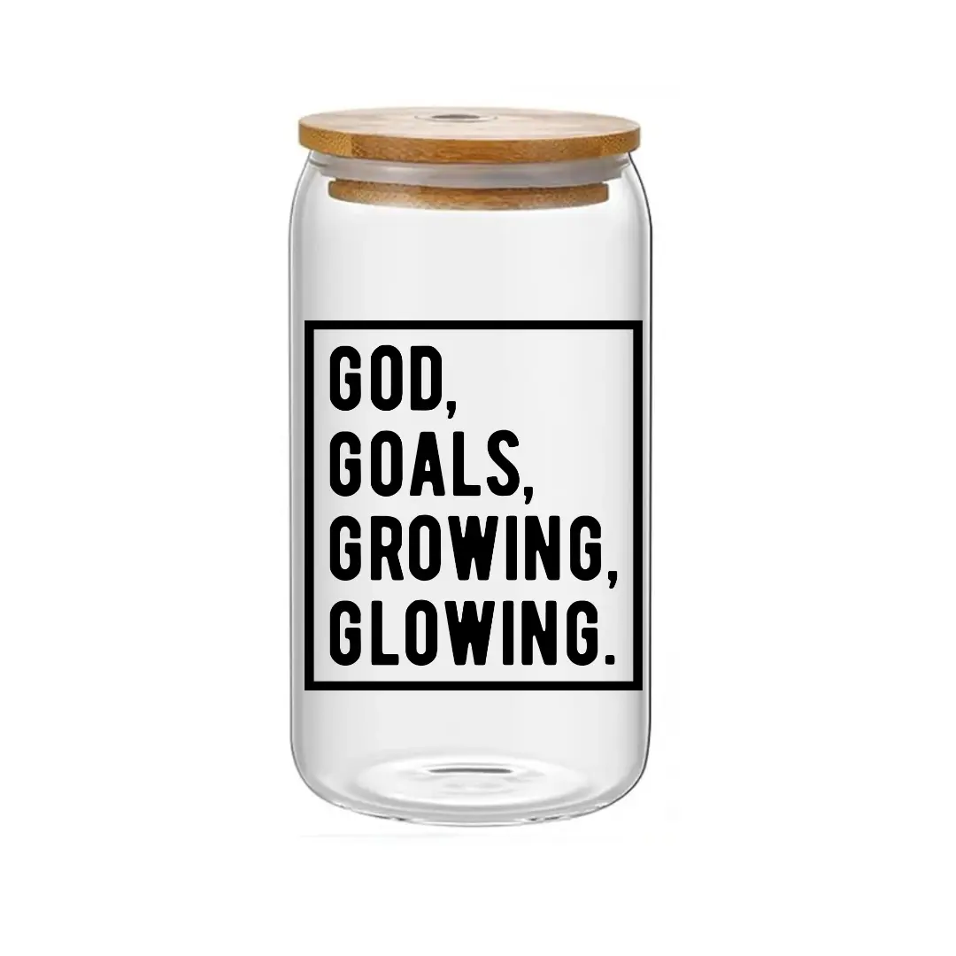 God Goals Growing Glowing Glass Jar tumbler/ Cup-16 oz