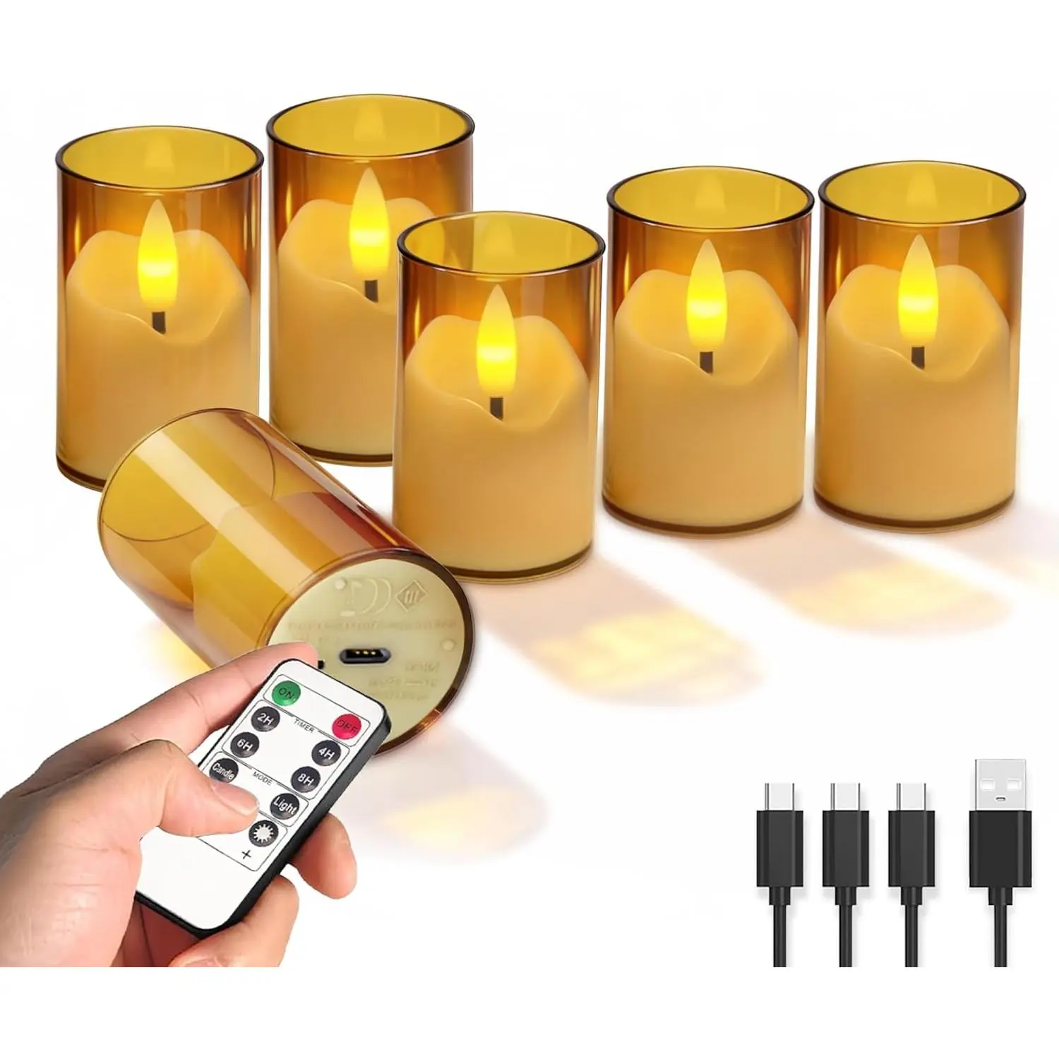 6-Pack Synthetic Flameless Candles - Rechargeable Candle Lights with Remote, 1.5-Hour & 2-8H Timer, USB-C Charging, for Vigil, Wedding, Decor (Home & Festive Supplies), Sconces
