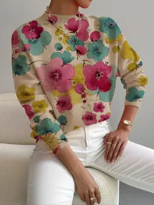 Women's Knitted Sweater, Knitwear, Stand Collar Colorblock Abstract Print Design, Casual & Elegant Fall Winter Wear, Perfect for Holiday & Commuting