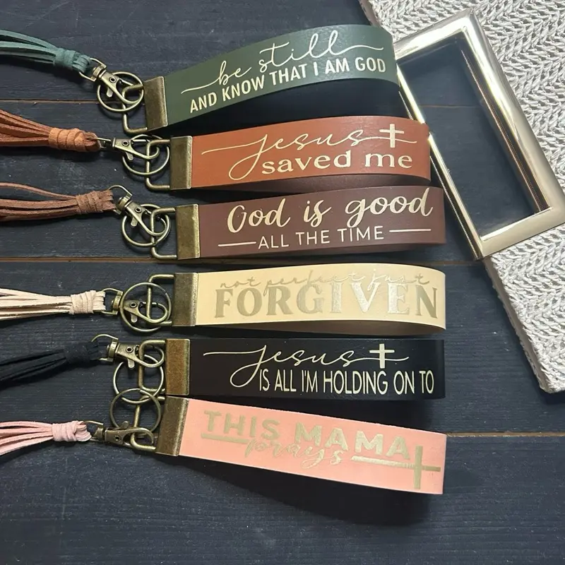 Faux leather key fob wristlet with tassel - Christian keychain car accessories