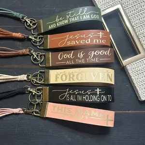 Faux leather key fob wristlet with tassel - Christian keychain car accessories