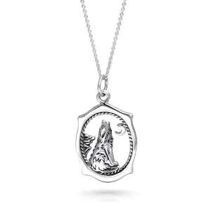 Howling Wolf Crescent Moon Pendant Werewolf Necklace Sterling Silver