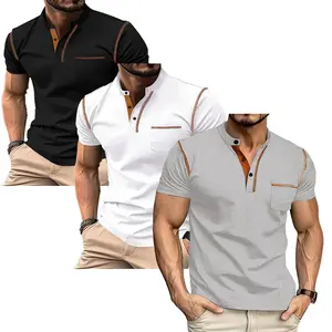 GYNLEUX Men’s 3PC Slim Fit Henley Polo Shirts Short Sleeve Quick Dry Casual American Style Summer Spring Daily Wear Work Outings Versatile Button Placket Pocket Design Comfortable Stylish Mens Tops
