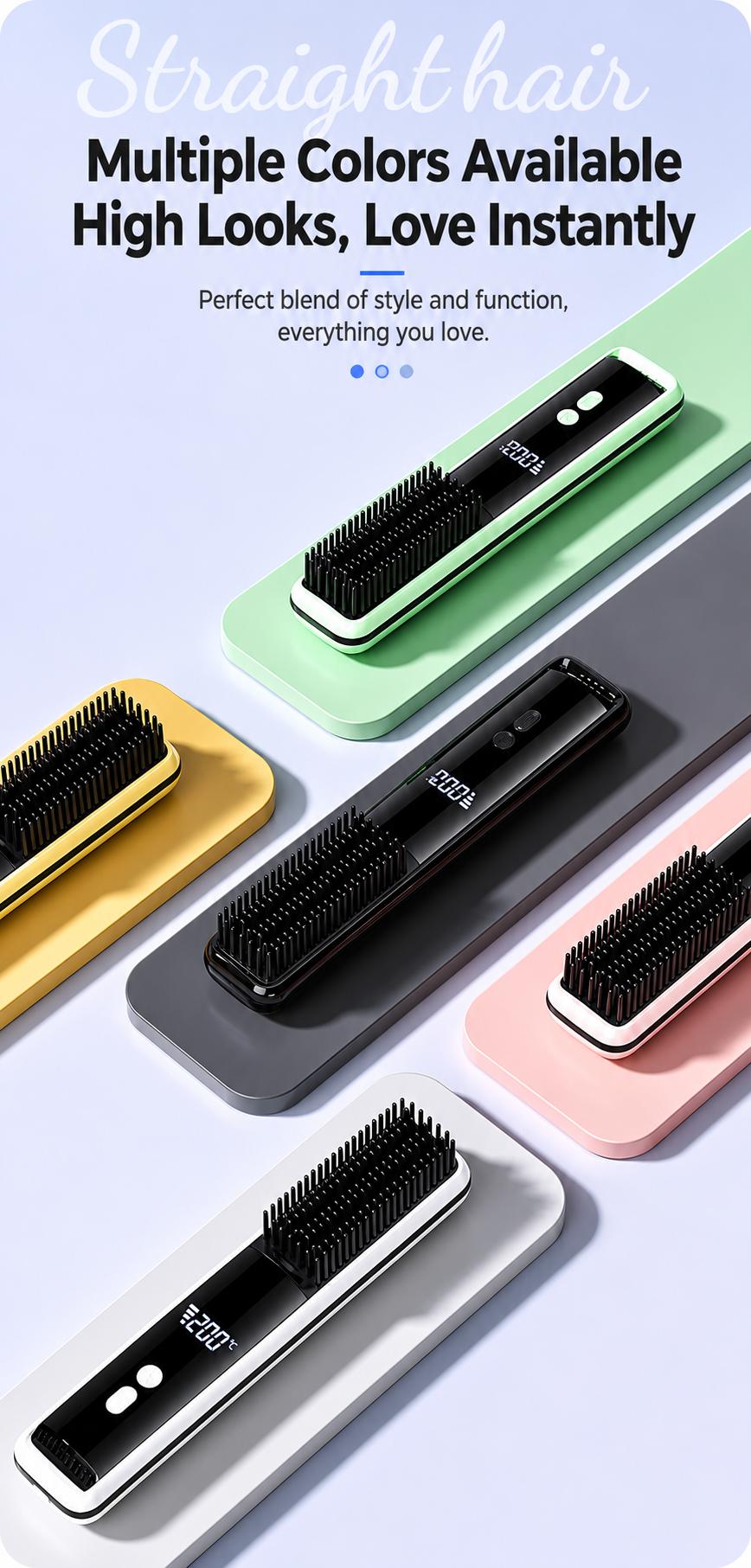 Lightweight Hair Straightener Brush with MCH Rapid Heating, 3 Temp Levels & Cool Air Styling, Fast Charging Travel Ready Hair Tools with Digital Display, Adjustable, Cordless, Anti-Frizz, Dual Voltage, Smooth, Straightening Curly Hair