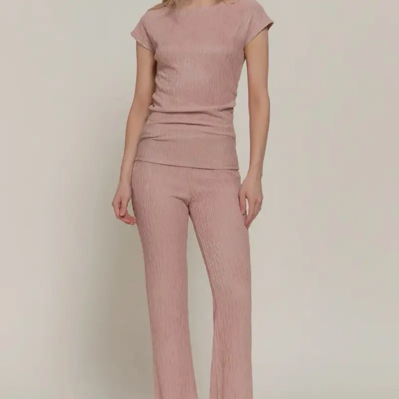 Active Basic : Short Dolman Sleeve Top & Flare Long Pants Wavy Crinkle Set - Pink Womenswear