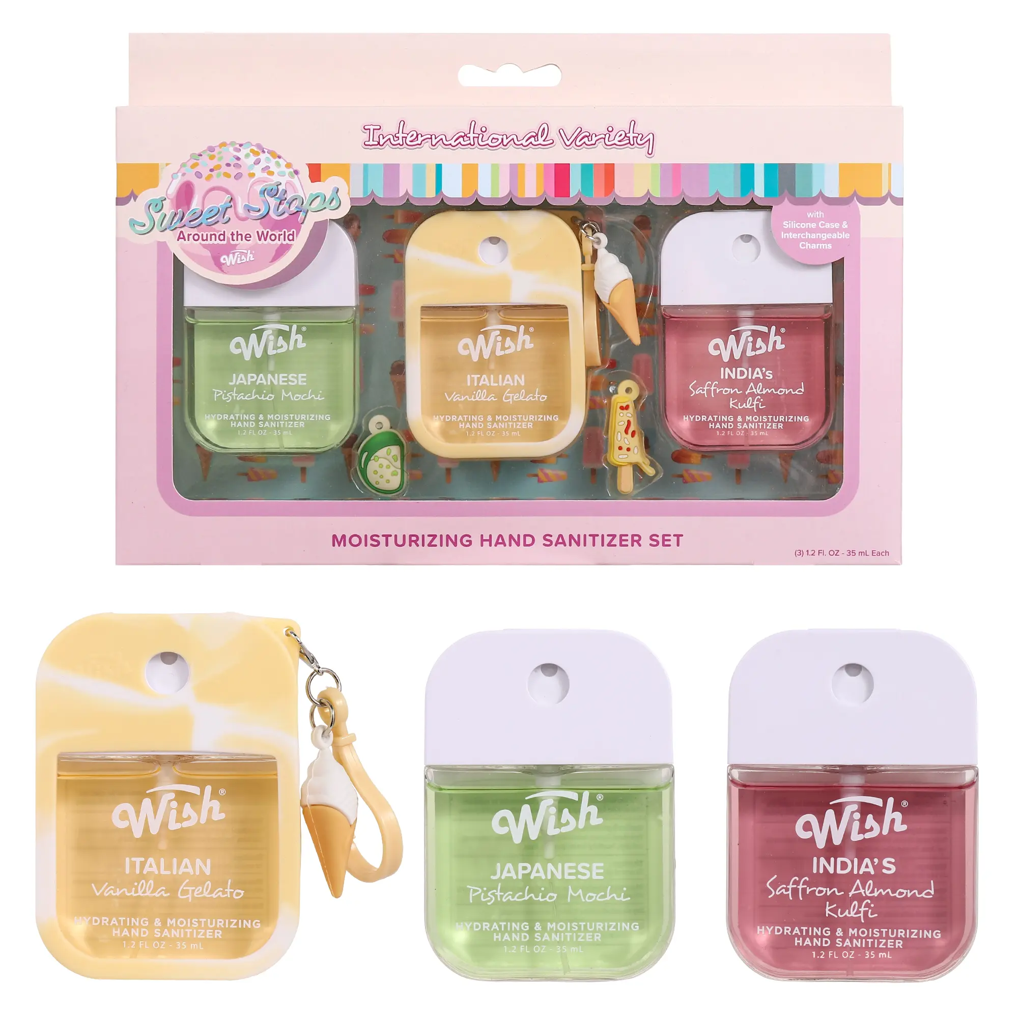 【NEW!】Global Dessert Hydrating Hand Sanitizer 3-Pack - Pistachio Mochi, Vanilla Gelato & Saffron Almond Kulfi Gourmand Scents - Cute Silicone Case + Dessert Charms, Travel Size