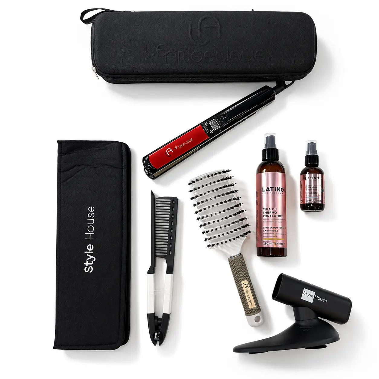 Glass Hair Styling Kit - 1" Titanium Flat Iron, Chia Treatment, Vent Brush & Storage Pouch for Smooth Salon-Perfect Results | Beauty & Personal Care Tool Set
