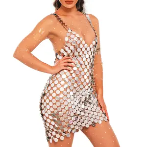 Women Sparkly Sequin Chainmail Dress Silver Dots Disco Mini Dress Nightclub Sleevess V Neck Body Chain Dress