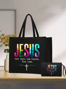 Handbag, Makeup Bag, Cosmetic Bags With "Jesus" Cross Colored Print, Storage Bag, Washing Bag, Gift Bag, Christian Themed Tote Bag And Makeup Pouch Set, Perfect For Holidays Valentine's Day, Birthday, Easter, New Year