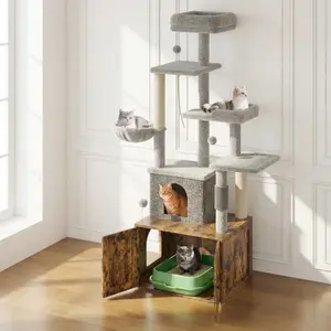 2-in-1 Litter Box Enclosure with Cat Tree, Hidden Litter Box Cabinet, Multi-Platform Cat Condo with Hammock & Scratching Post for Indoor Cats, Large Modern Pet House Outdoor Kitten Tower Apartment Mats Beds,summerwins